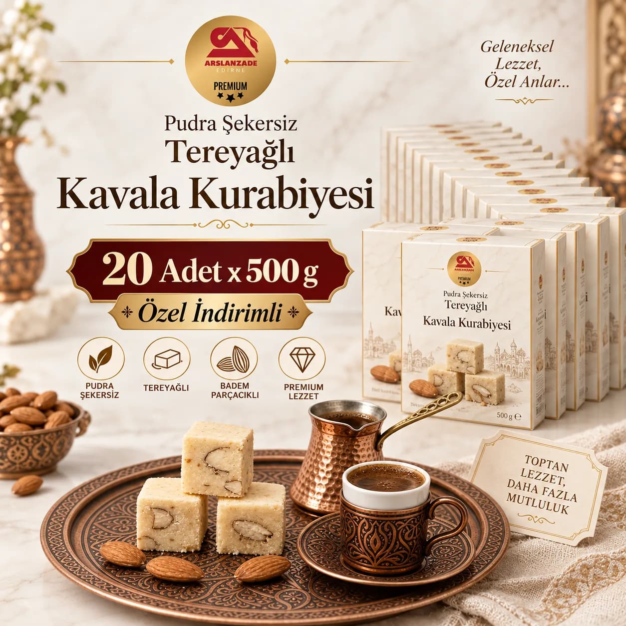 20 Adet Tereyağlı Pudra Şekersiz Kavala Kurabiyesi 500g