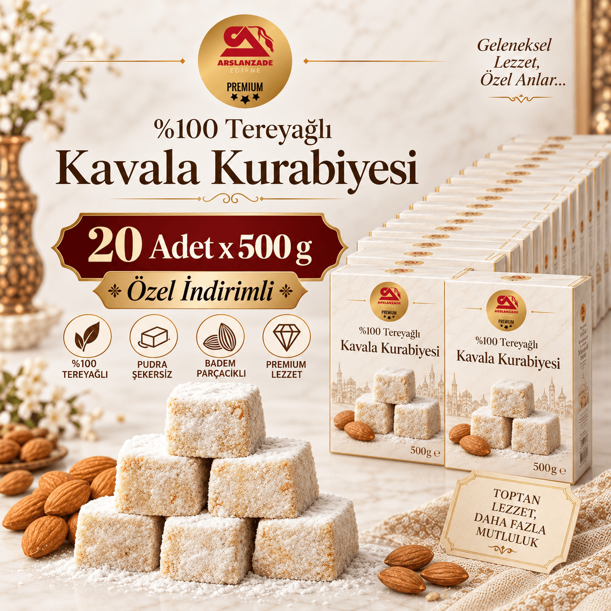 20’li Paket %100 Tereyağlı Kavala Kurabiyesi Kare 500 g